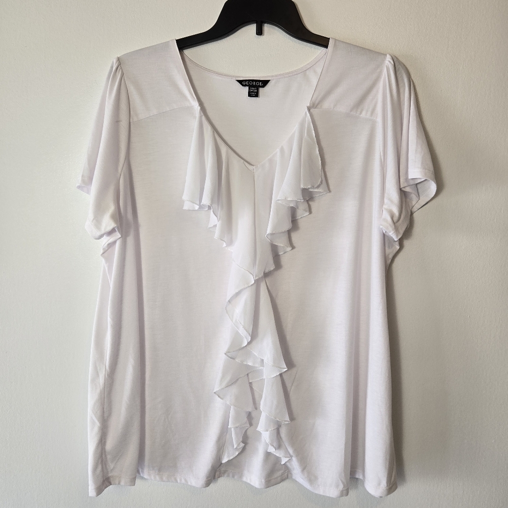 George White Waterfall Ruffle Jersey Knit Short Sleeve Blouse Top Plus Size 2X